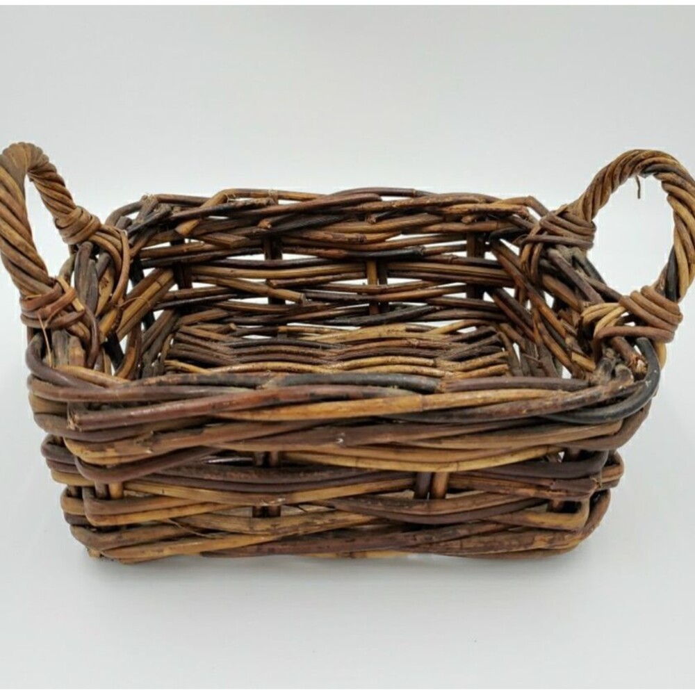 Vintage Wicker Double Handle Dark Brown Basket Rectangle Country Farmhouse Chic